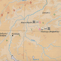 Karte von Anatolien - Alaca Höyük - Hattuscha / Yasilikaya
